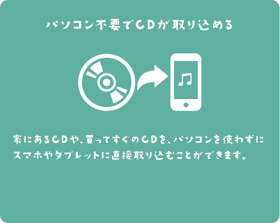 パソコン不要でCDが取り込める 家にあるCDや、買ってすぐのCDを、パソコンを使わずにスマホやタブレットに直接取り込むことができます。