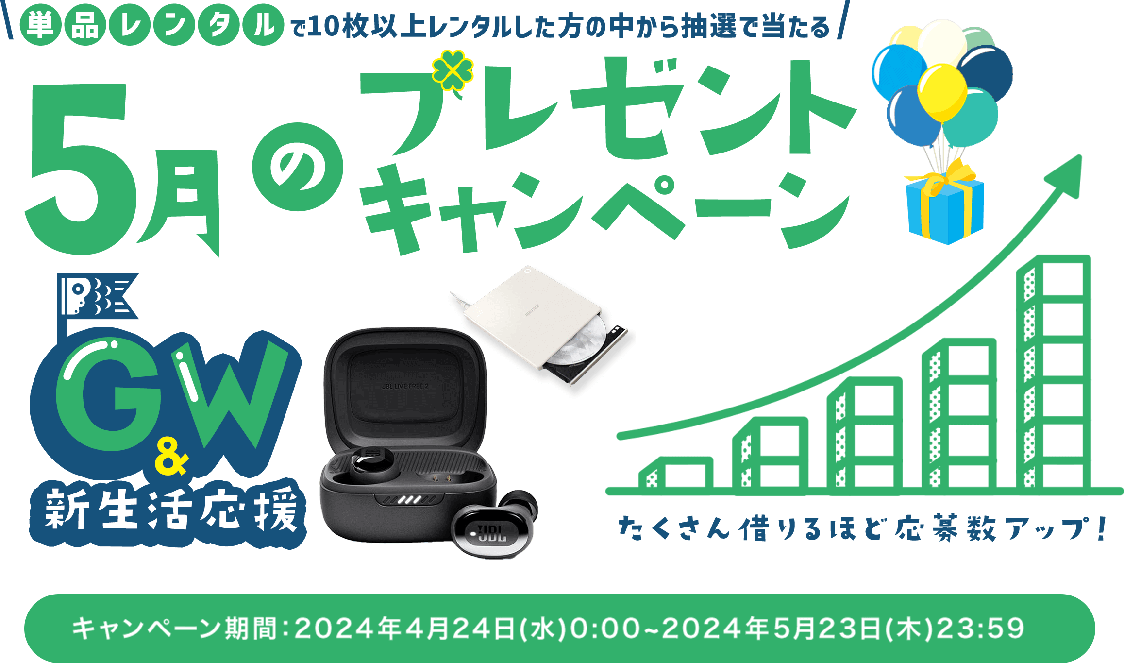 単品レンタルで10枚以上レンタルした方の中から抽選で当たる 5月のプレゼントキャンペーン DVD Blu-ray・CDの全商品が対象 GW&新生活応援 たくさん借りるほど当選確率アップ！ キャンペーン期間：2024年4月24日(水)0:00~2024年5月23日(木)23:59