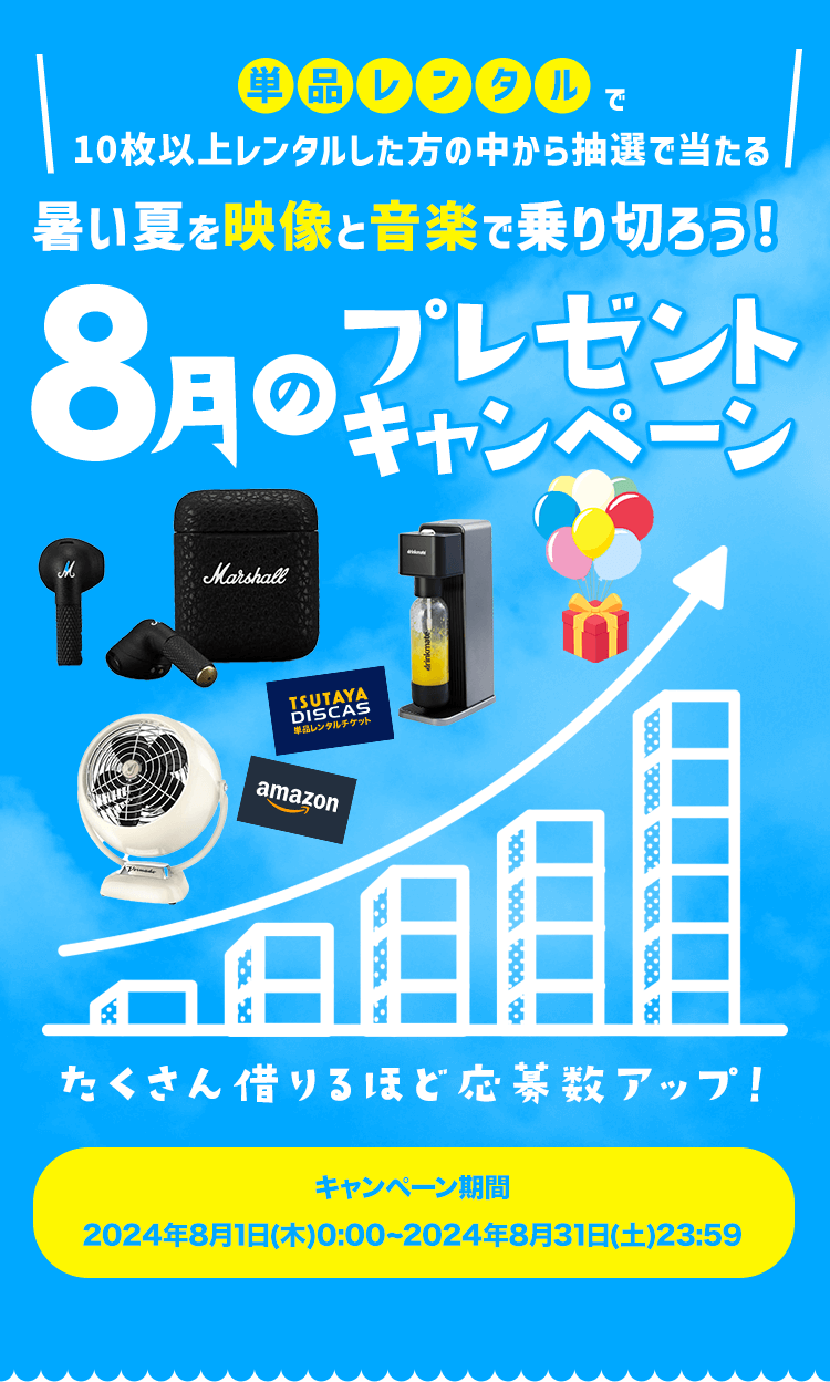 単品レンタルで10枚以上レンタルした方の中から抽選で当たる 暑い夏を映像と音楽で乗り切ろう！8月のプレゼントキャンペーン DVD Blu-ray・CDの全商品が対象 GW&新生活応援 たくさん借りるほど当選確率アップ！ キャンペーン期間：2024年8月1日(木)0:00~2024年8月31日(土)23:59