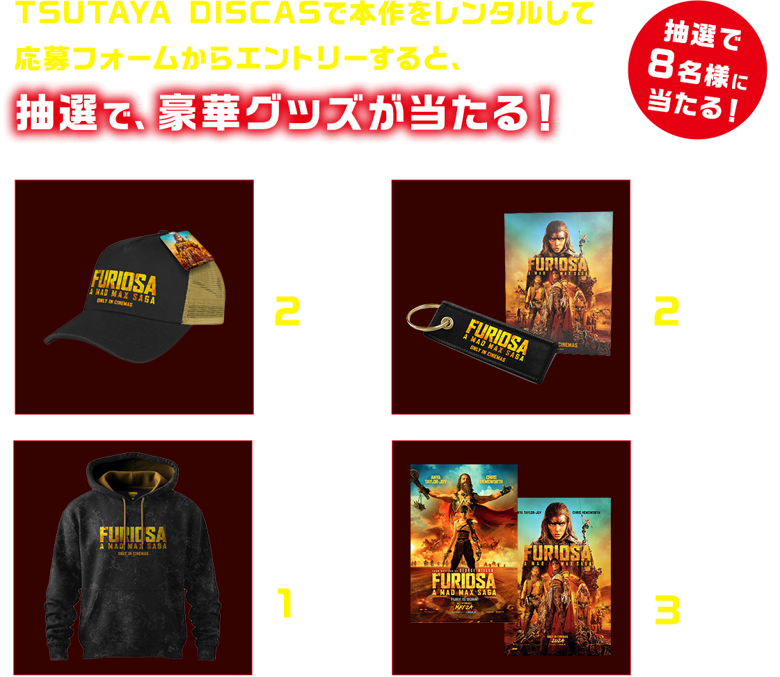 TSUTAYA DISCASで本作をレンタルして 応募フォームからエントリーすると、抽選で、豪華グッズが当たる！キャップ 2名様 キーチェーン 2名様 パーカー（Mサイズ） 1名様 US版ポスター2種(B1サイズ) 3名様