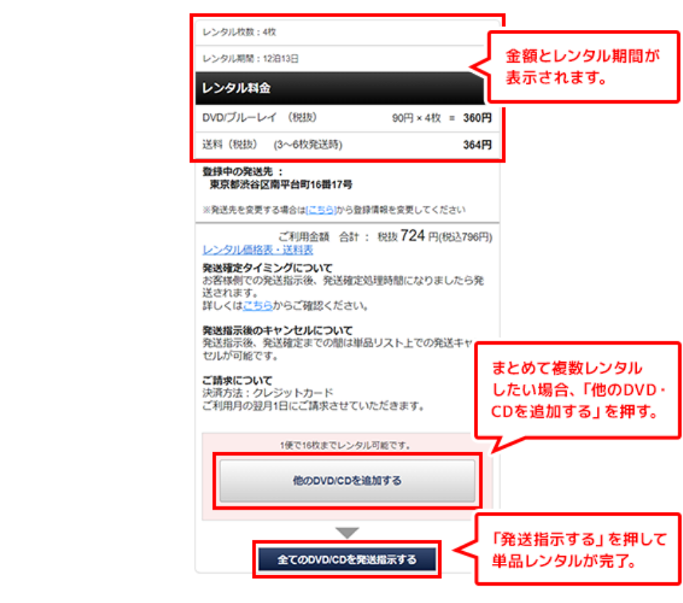 金額とレンタル期間が表示されます。まとめて複数レンタルしたい場合、「他のDVD・CDを追加する」を押す。「発送指示をする」を押して単品レンタルが完了。